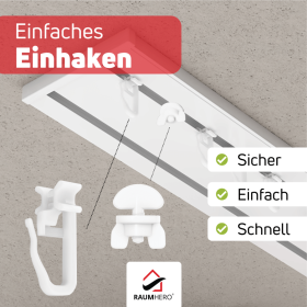 X-Gardinengleiter mit Feststeller für Gardinenschiene Montagebeispiel Deckenschiene
