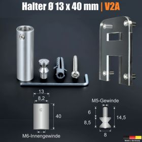 Buchstabenbefestigung + Gewinde Edelstahl Ø13x40mm Übersicht mit Maße